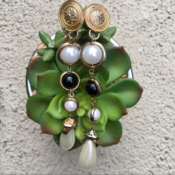 Vintage Jewelry - Black gold pearl medallion earrings long Aztec